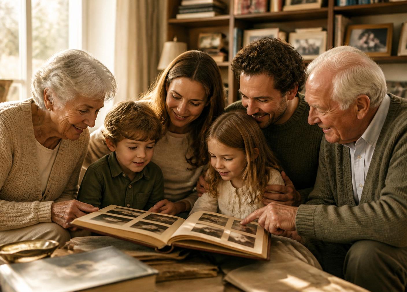 Familia de varias generaciones mirando un álbum familiar
